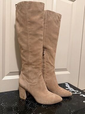 Sam Edelman Hai Camel Suede Knee-High Block Heel Boots NIB
